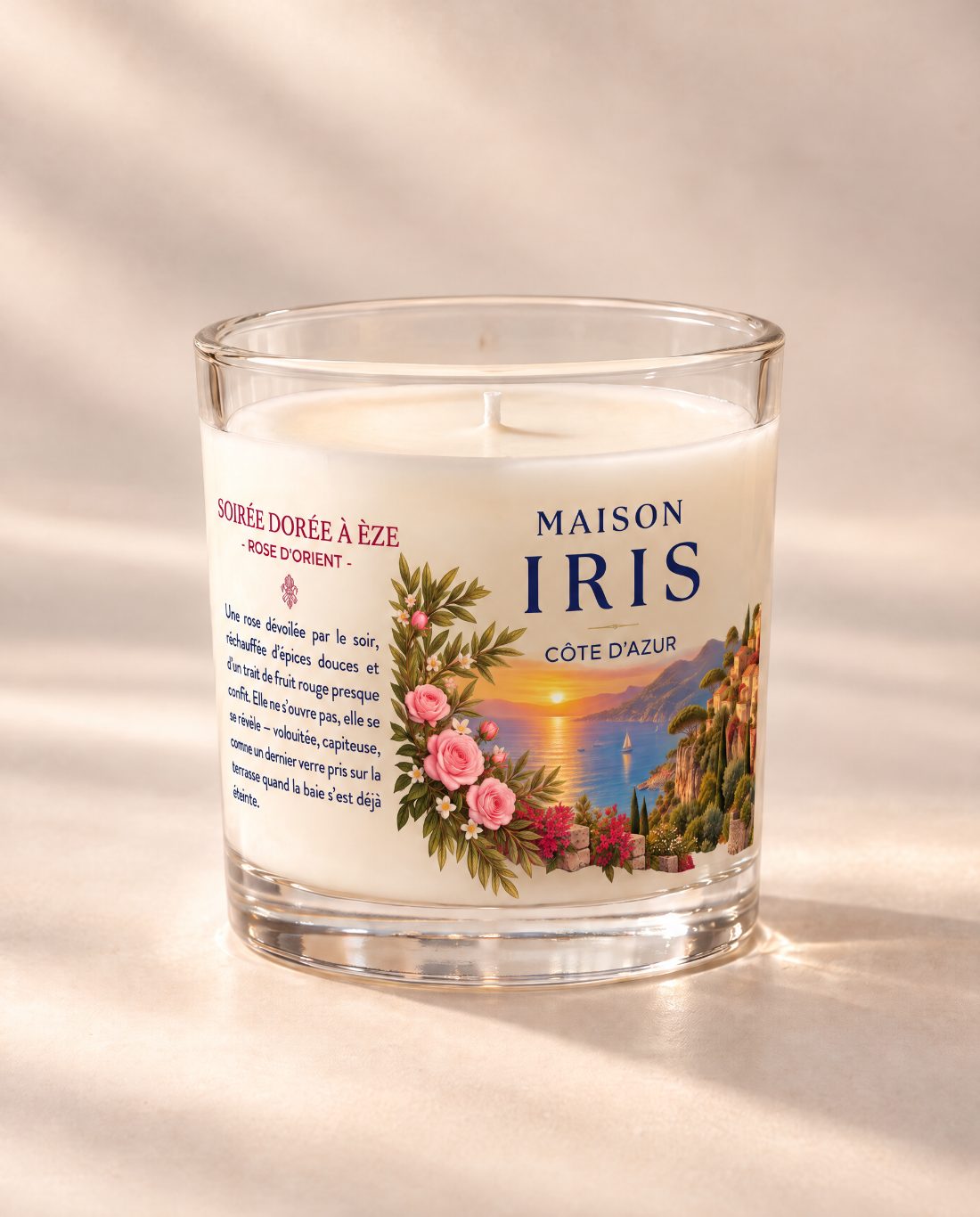 Bougie parfumée 180 g Maison Iris « Soirée dorée à Èze » — Rose d’Orient