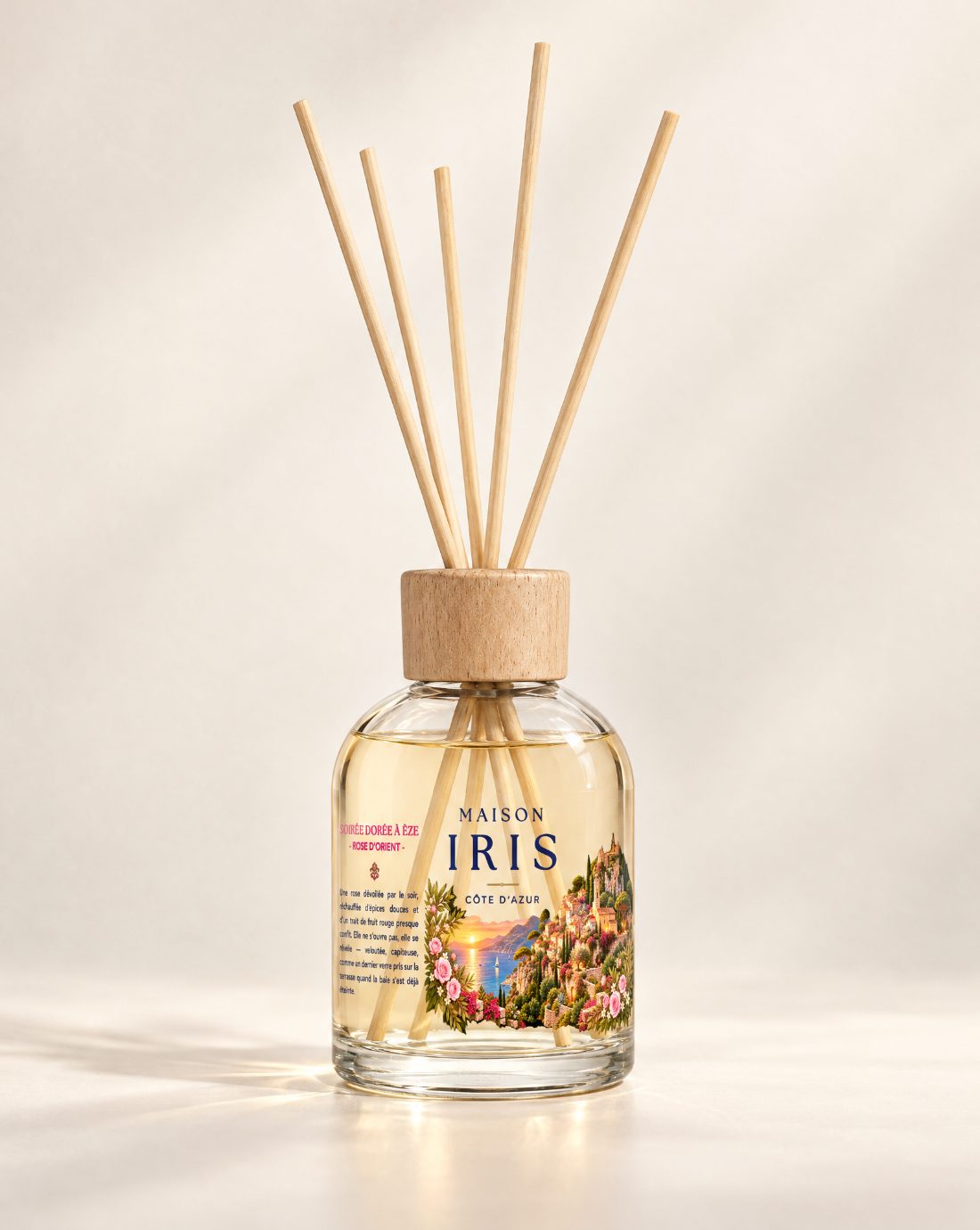 Diffuseur à bâtons 250 ml Maison Iris « Soirée dorée à Èze » — Rose d’Orient